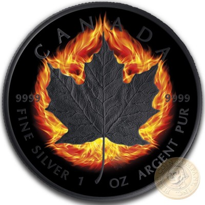 Canada INCUSE BURNING MAPLE $5 CANADIAN MAPLE LEAF Silver Coin 2018 Ruthenium plated 1 oz